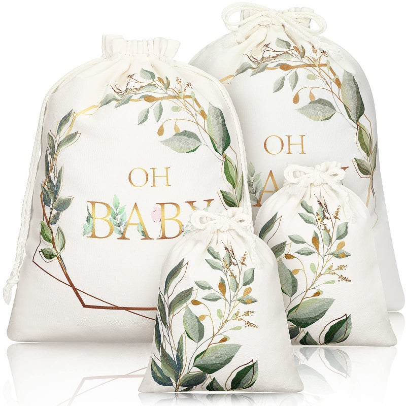 Tudomro 4 Pieces Baby Shower Large Gift Bags with Drawstring Canvas Gift Bags Greenery Print Birthday Bags Reusable Present Wrap Bags for Baby Shower Gender Reveal Party Favors 2 Sizes